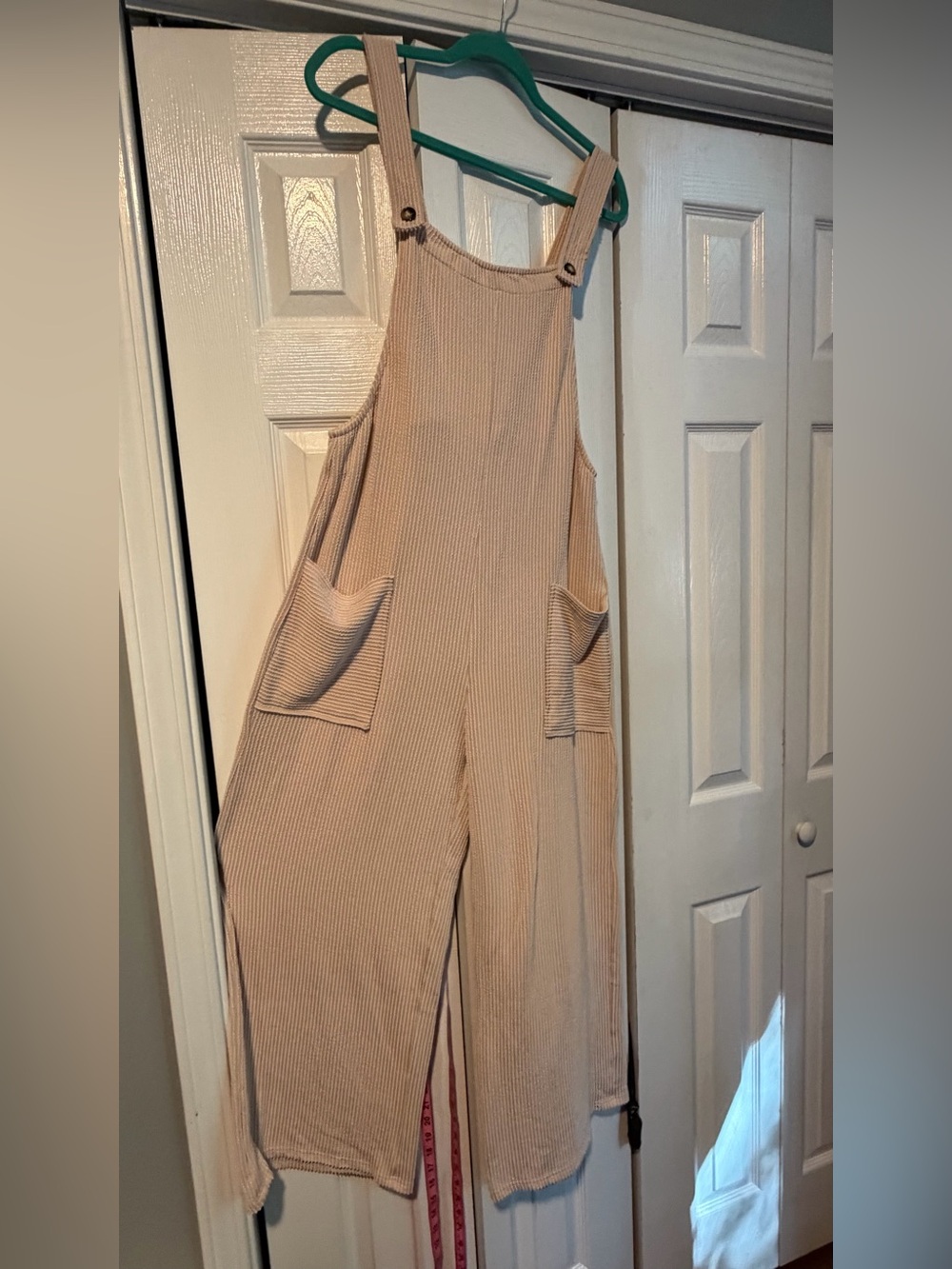 NWOT Ribbed Cream Wide-Leg Overall Jumpsuit with Front Pockets